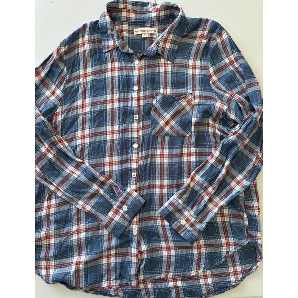 Alexander Jordan Womens XL Blue Red Plaid Button Down Rayon Shirt Long Sleeve